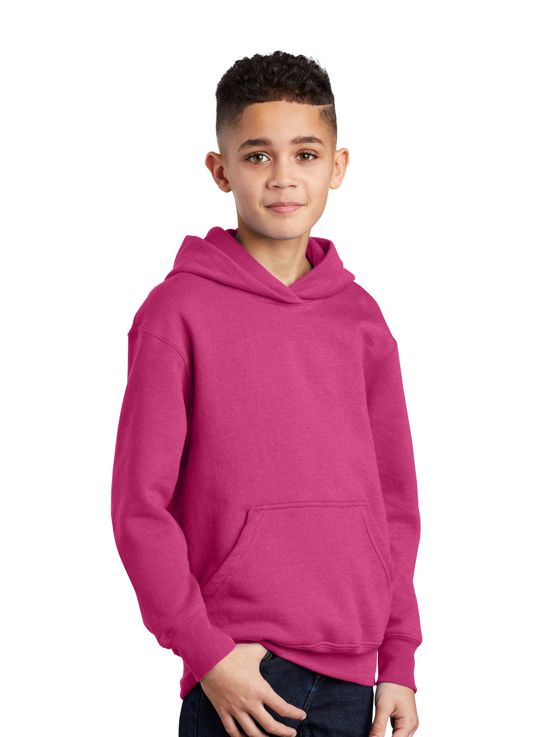 Customizable Port and Company Youth Core Fleece Hoodie in pink, designed for comfort with a soft fleece interior and a relaxed fit.