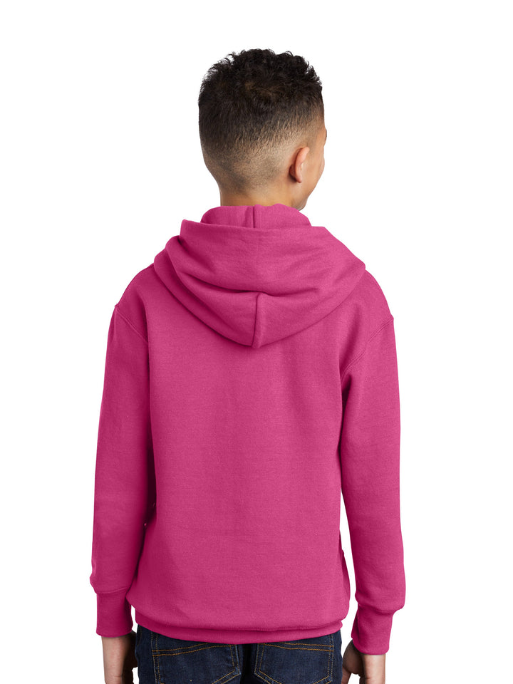 Back view of the Port and Company Youth Core Fleece Hoodie in pink, showcasing a roomy hood and durable stitching for long-lasting wear.