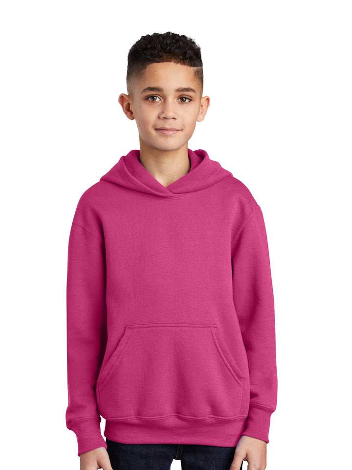 Front view of the Port and Company Youth Core Fleece Hoodie in pink, featuring a classic pullover design with a kangaroo pocket.