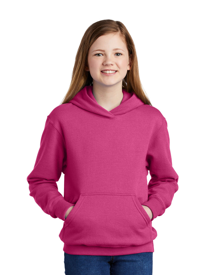 Port and Company Youth Core Fleece Hoodie in pink, featuring a cozy 50/50 cotton-poly blend with a front pocket and ribbed cuffs for warmth.
