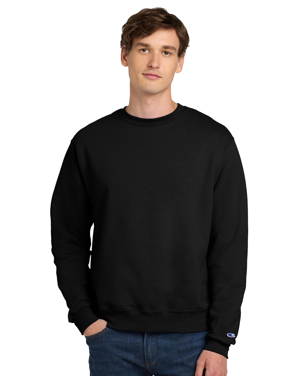 Custom Champion Powerblend Crewneck S6000 in black. A versatile and durable sweatshirt with a soft interior for maximum comfort.