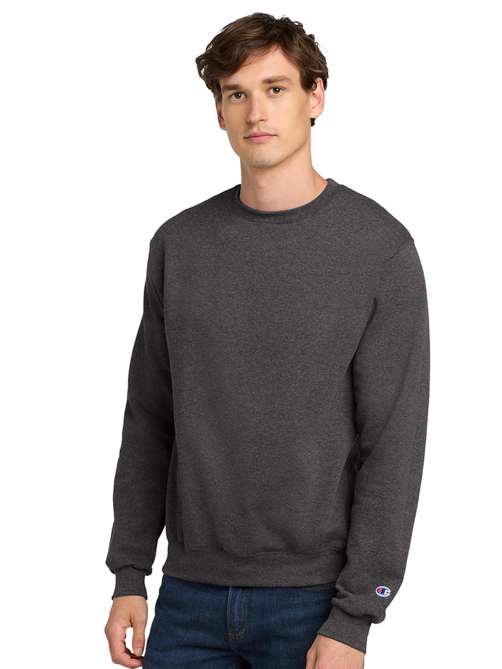 Custom Champion Powerblend Crewneck S6000 in charcoal gray. Classic crewneck sweatshirt with a relaxed fit and Champion sleeve logo.