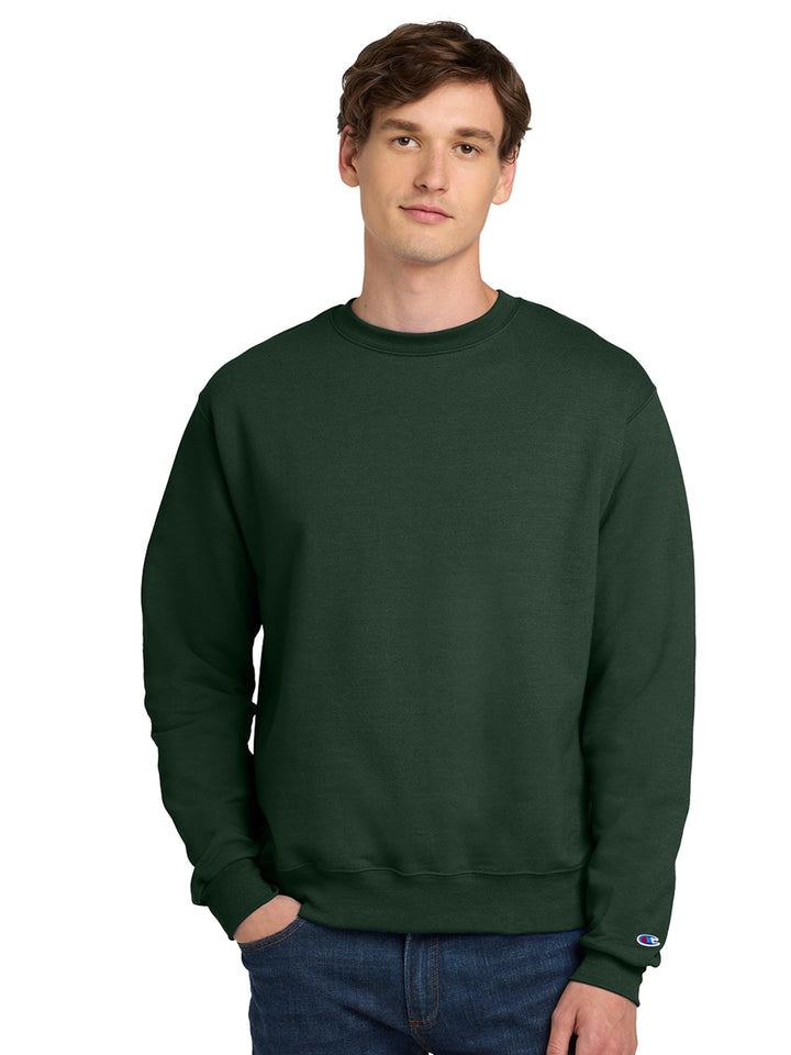 Custom Champion Powerblend Crewneck S6000 in dark green. High-quality sweatshirt with a ribbed collar, cuffs, and waistband for a snug fit.