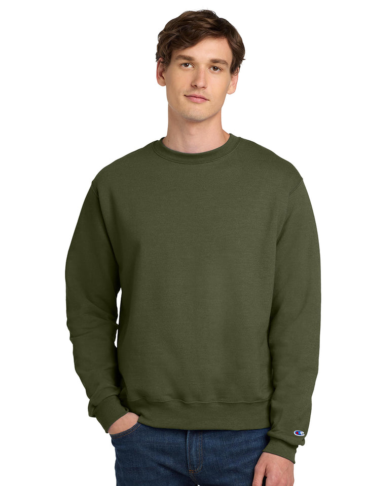 Custom Champion Powerblend Crewneck S6000 in military green. Durable and eco-friendly sweatshirt with a soft fleece interior for warmth.