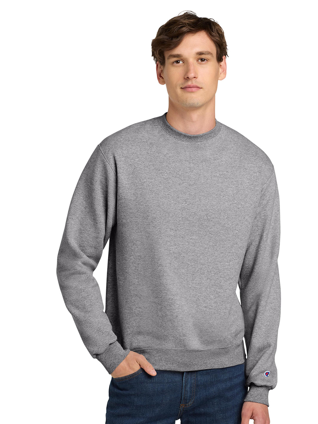 Custom Champion Powerblend Crewneck S6000 in light gray. A comfortable and stylish sweatshirt with a relaxed fit for casual wear.