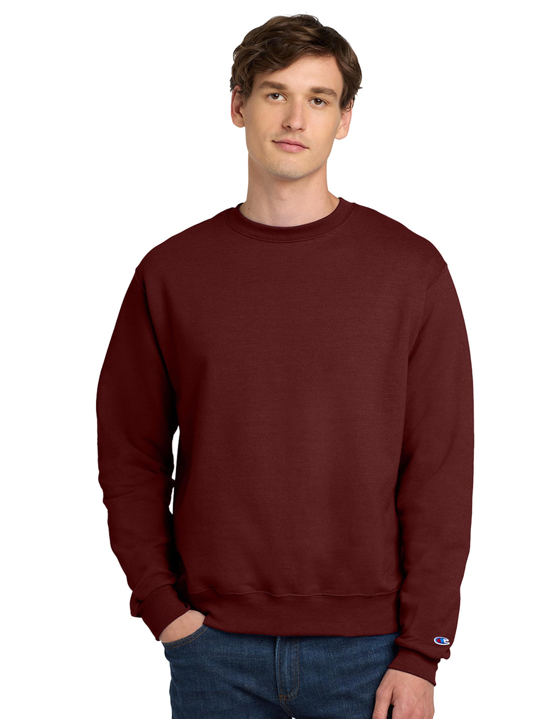 Custom Champion Powerblend Crewneck S6000 in maroon. Cozy and durable sweatshirt with a ribbed crewneck and Champion logo on the sleeve.