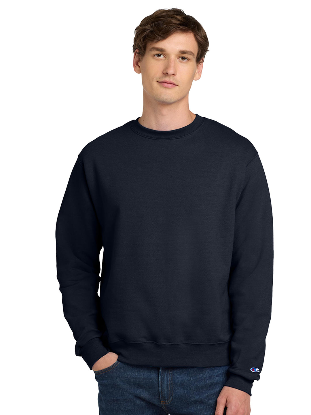 Custom Champion Powerblend Crewneck S6000 in navy blue. Soft and eco-friendly sweatshirt with a classic fit for everyday comfort.