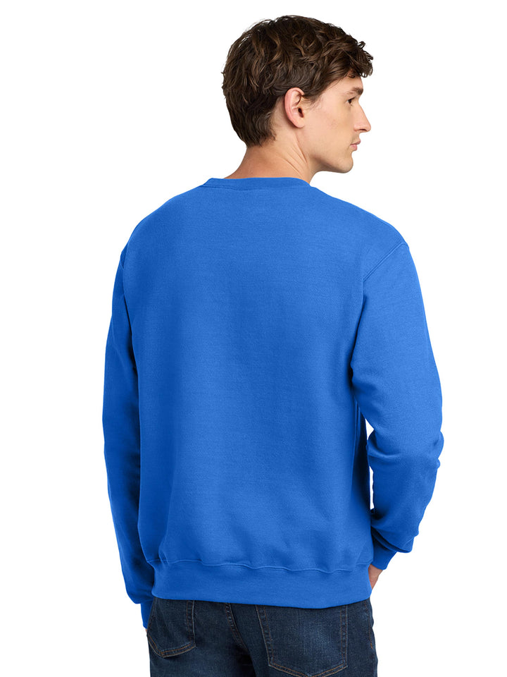 Back view of the Custom Champion Powerblend Crewneck S6000 in royal blue. Classic fit with ribbed cuffs and waistband for a comfortable feel.