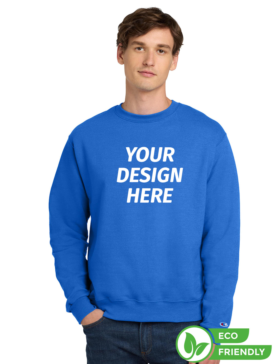 Custom Champion Powerblend Crewneck S6000 in royal blue with 'Your Design Here' text. Eco-friendly sweatshirt with a soft, durable fabric blend.