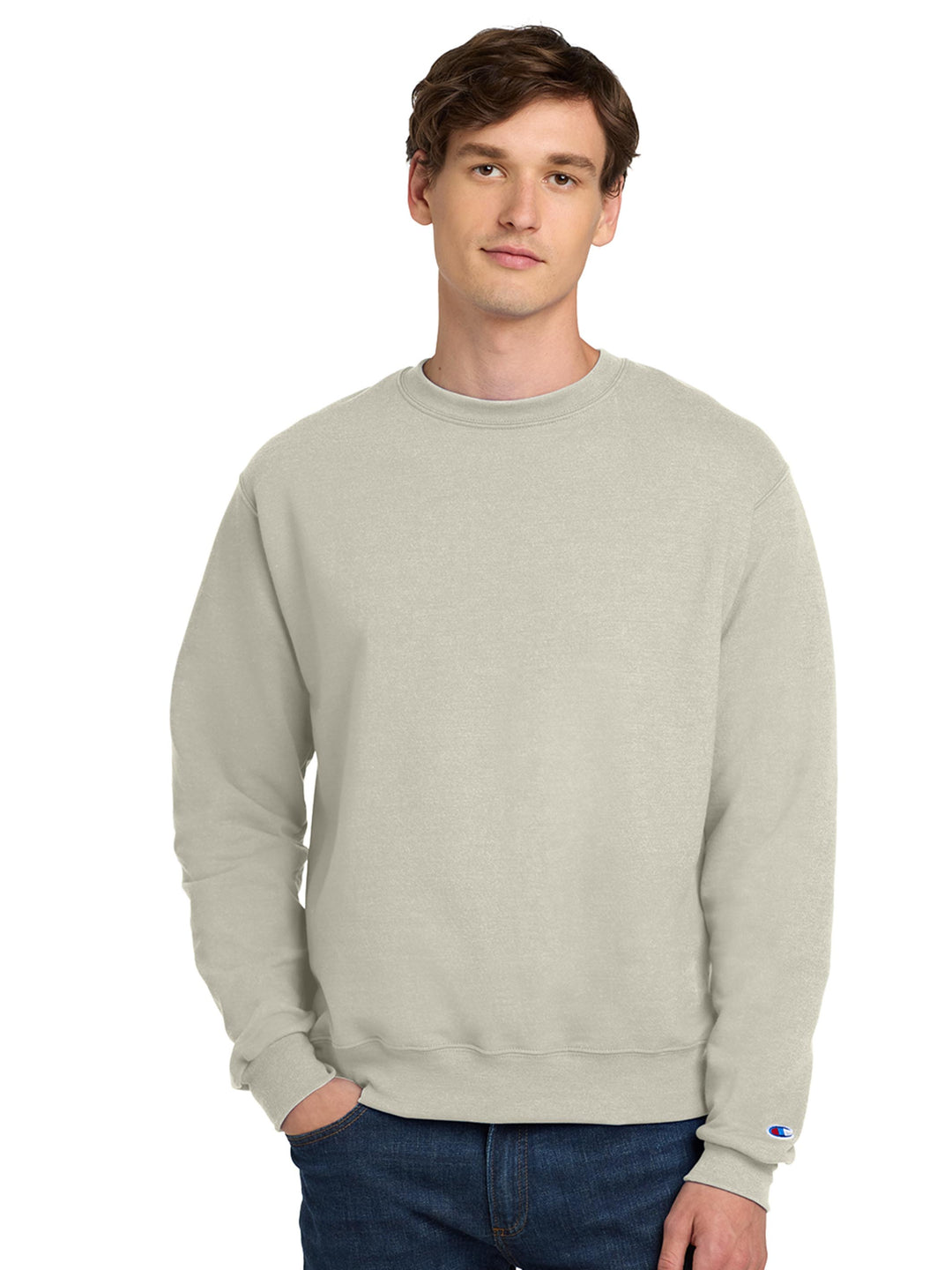 Custom Champion Powerblend Crewneck S6000 in sand color. Soft, eco-friendly sweatshirt with a classic crewneck design for everyday wear.