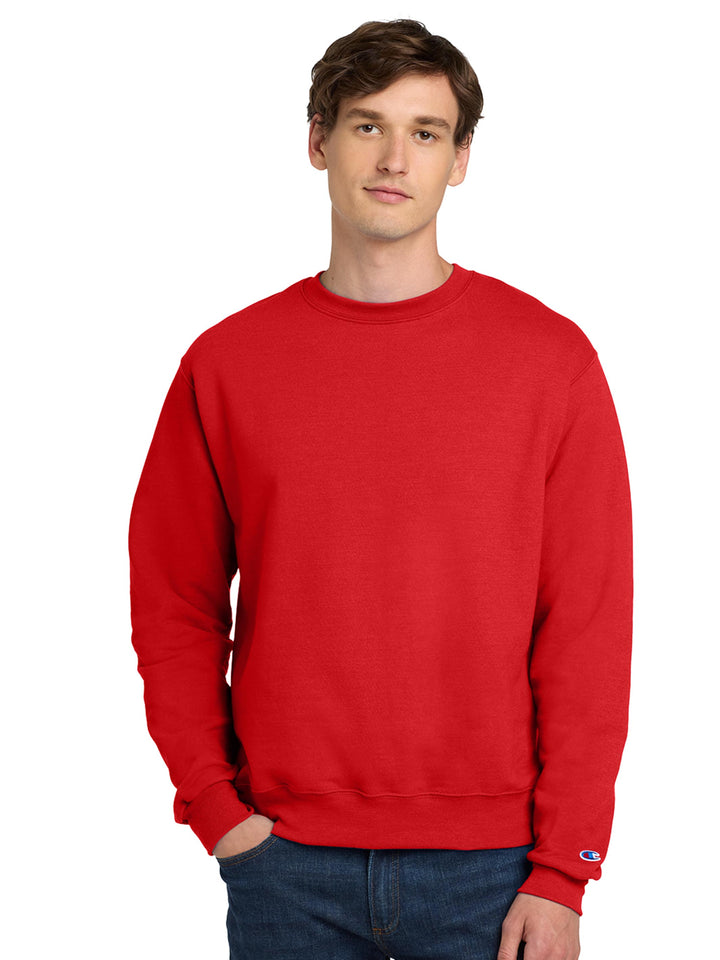 Custom Champion Powerblend Crewneck S6000 in red. Stylish and durable sweatshirt with a ribbed collar and cuffs for a snug fit.