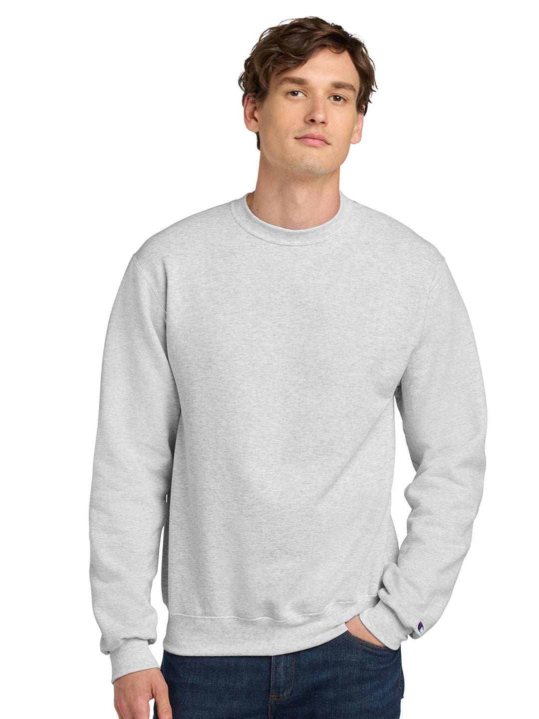 Custom Champion Powerblend Crewneck S6000 in white. A classic and comfortable sweatshirt with a soft fleece interior for warmth.