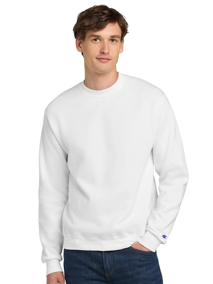 Custom Champion Powerblend Crewneck S6000 in white. A versatile and eco-friendly sweatshirt with a soft, durable fabric blend.