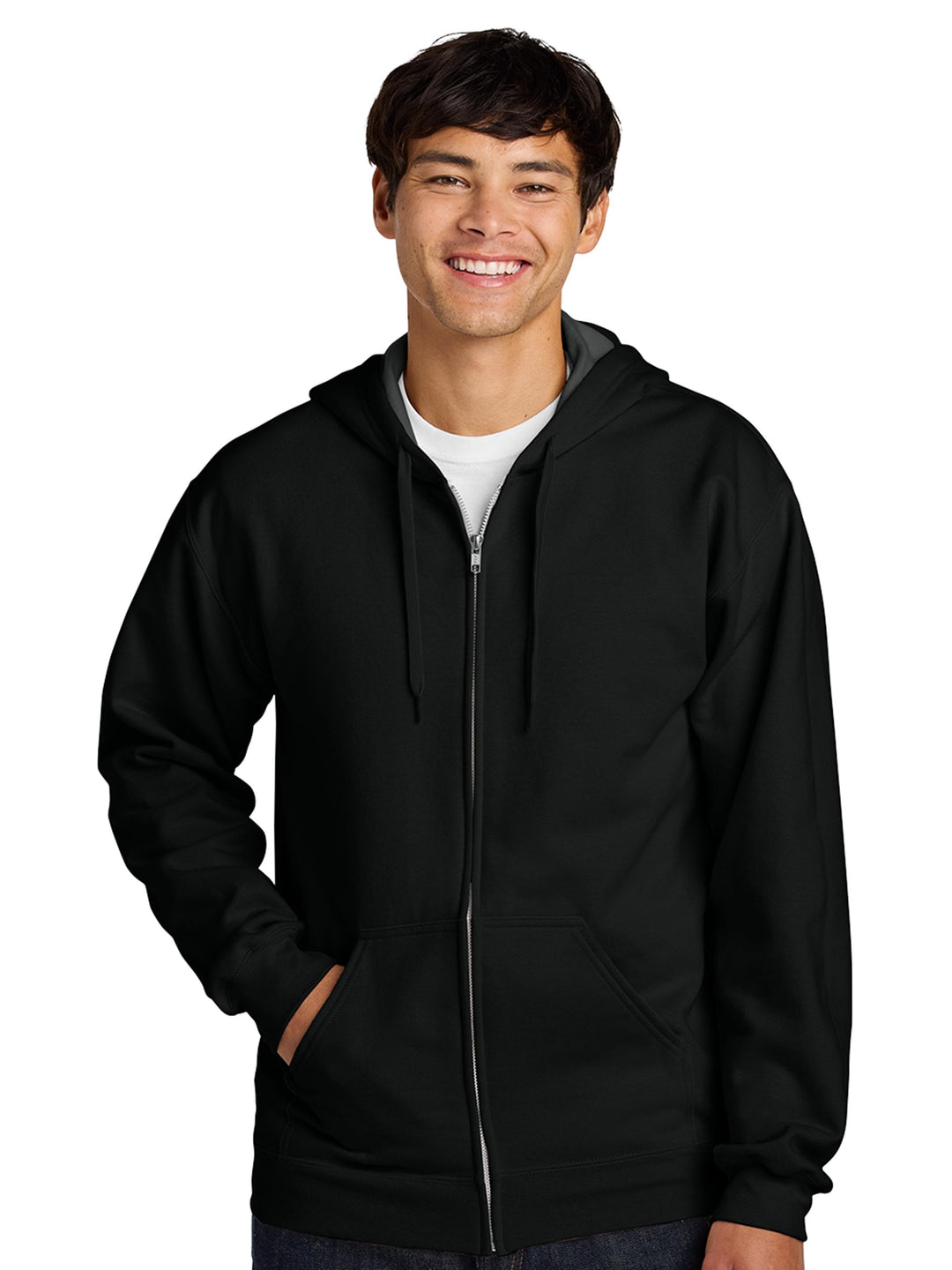 Gildan Softstyle Full Zip Hooded Sweatshirt in black, featuring a full-length zipper, drawstring hood, and soft fleece lining. Ideal for casual wear and custom designs.