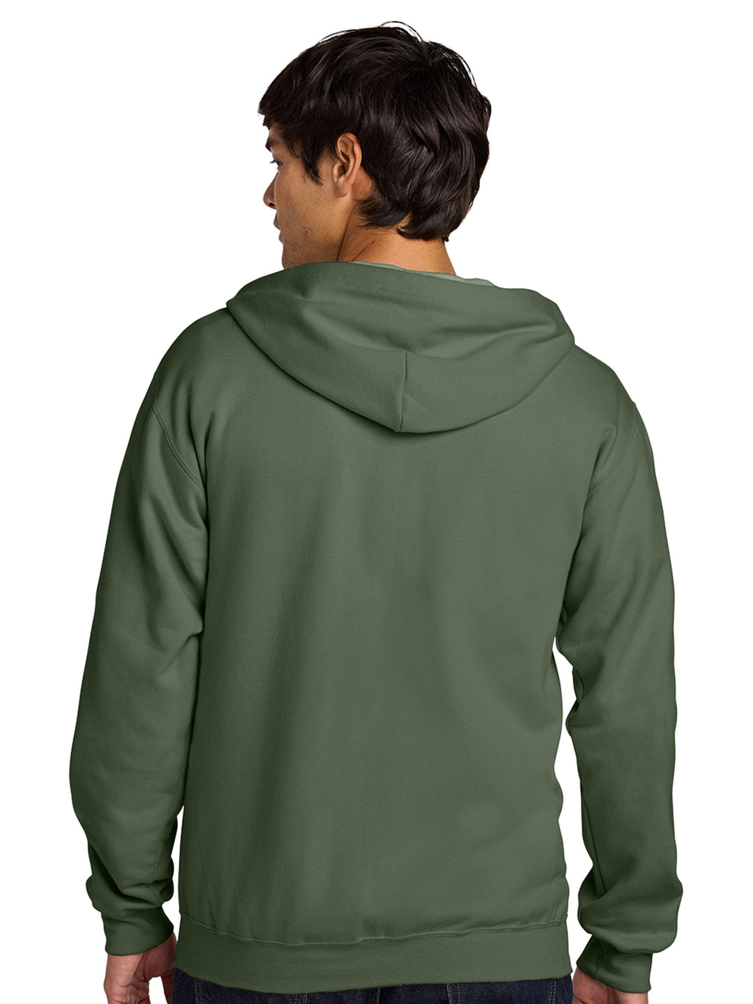 Back view of Gildan Softstyle Full Zip Hooded Sweatshirt in olive green, highlighting its smooth fabric and comfortable hood. Great for custom embroidery or printing.