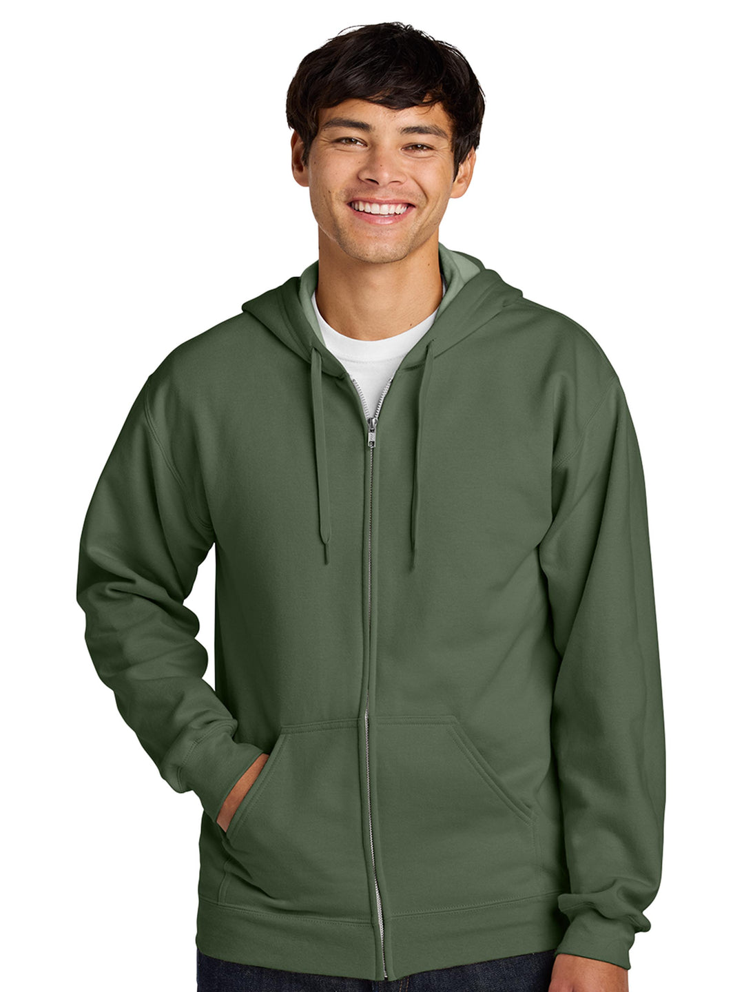 Gildan Softstyle Full Zip Hooded Sweatshirt in olive green, featuring a front zipper, adjustable hood, and kangaroo pockets. Ideal for customization and embroidery.