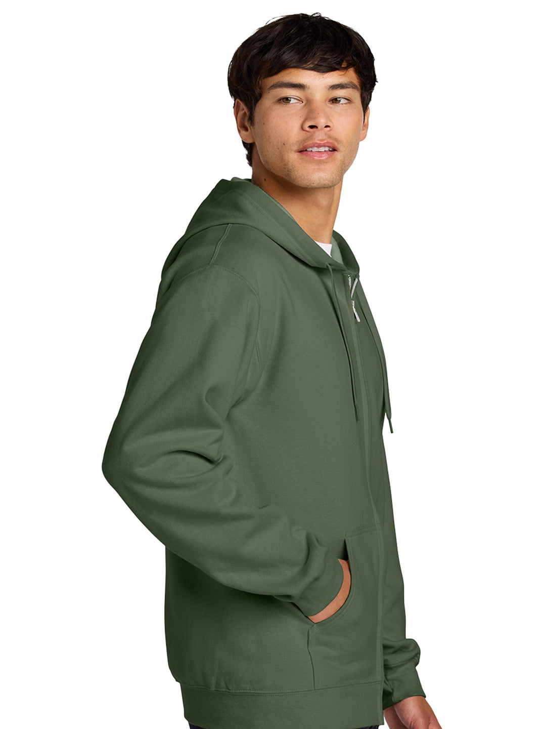 Side view of Gildan Softstyle Full Zip Hooded Sweatshirt in olive green, showcasing its relaxed fit, soft fabric, and functional pockets. Perfect for layering and personalization.