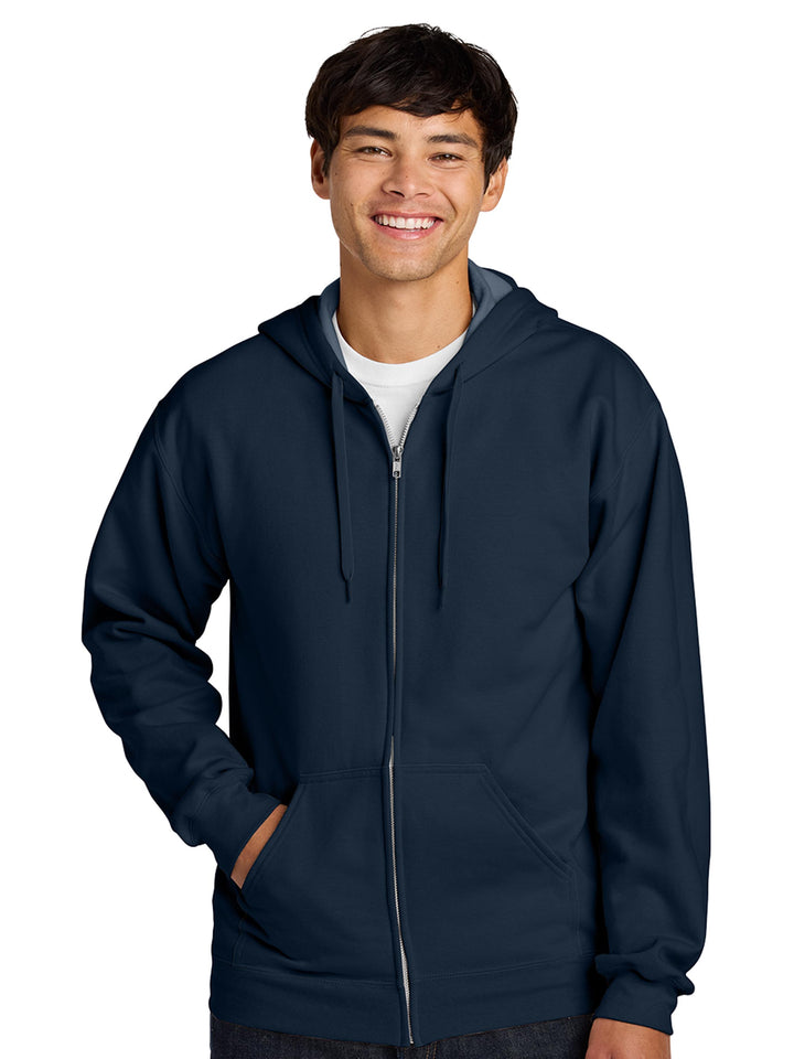 Gildan Softstyle Full Zip Hooded Sweatshirt in navy blue, offering a classic zip-up style with a cozy fit. Perfect for personalization and bulk orders.