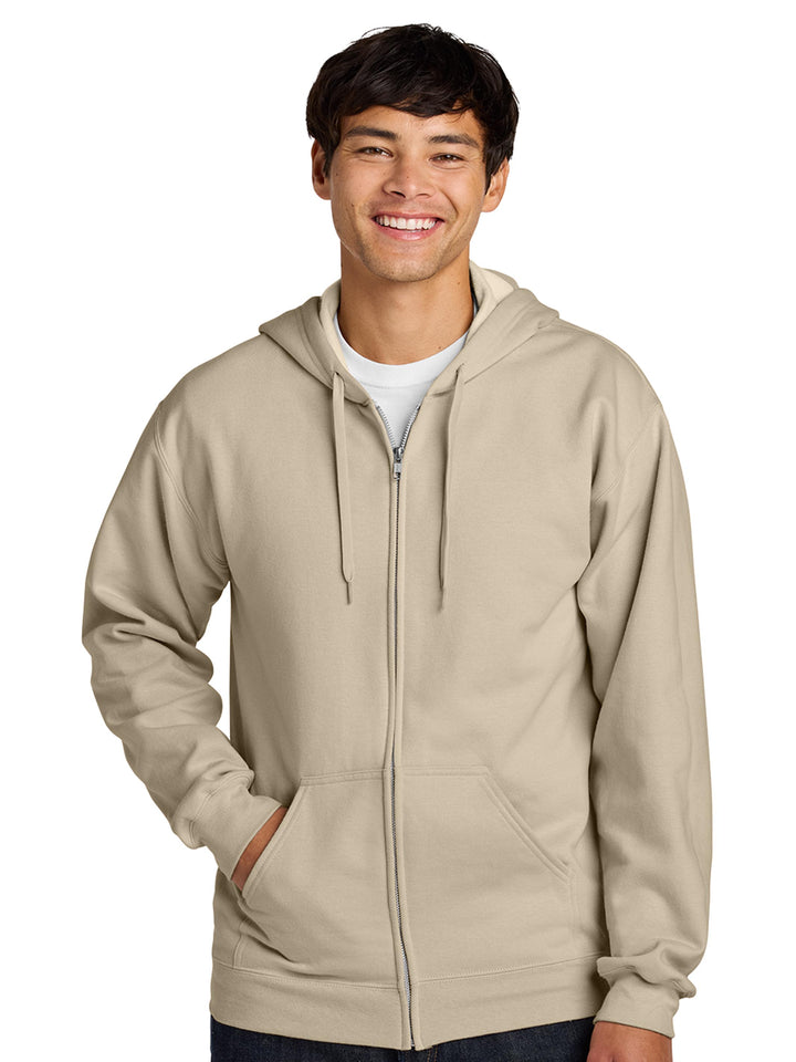 Gildan Softstyle Full Zip Hooded Sweatshirt in sand color, featuring a lightweight yet warm fabric. Ideal for everyday wear and custom printing.