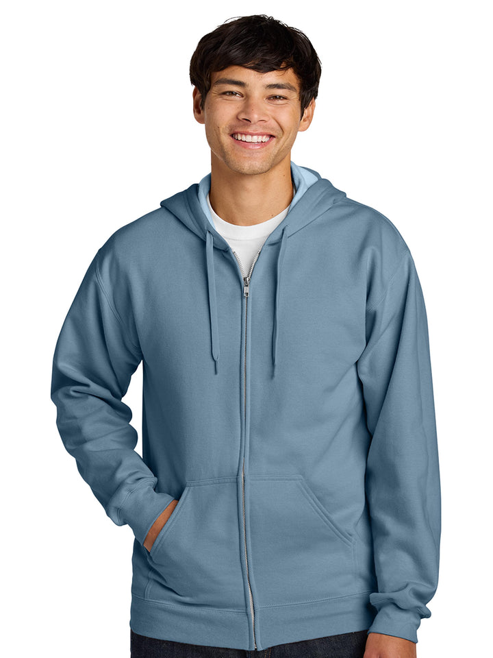 Gildan Softstyle Full Zip Hooded Sweatshirt in light blue, offering a stylish and comfortable fit. Perfect for casual outfits and custom embroidery.