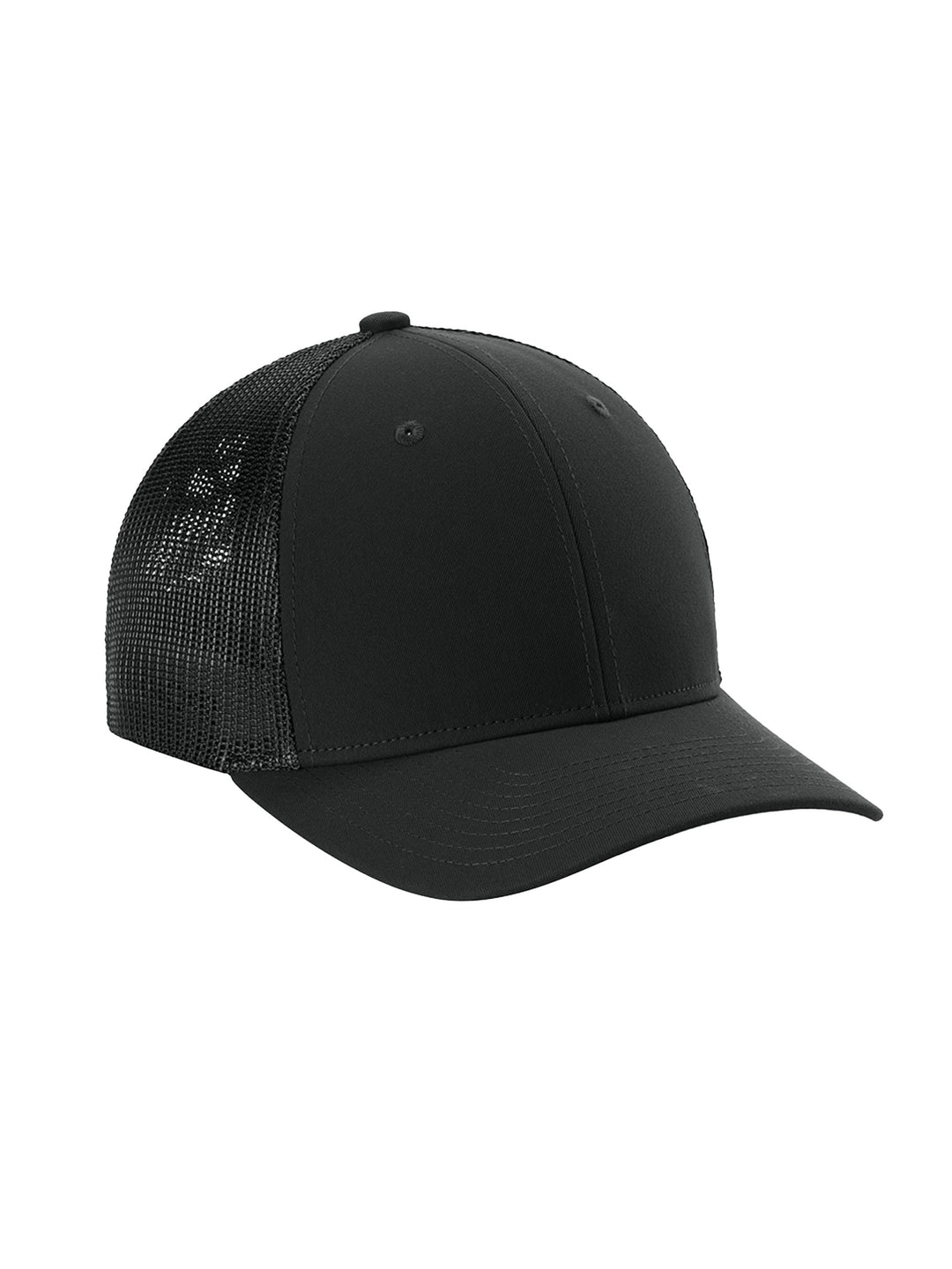 Custom Sport-Tek® Stretch-Tek Mesh Back Cap in solid black. Fitted, breathable, and stretchable design for a sleek and comfortable look.