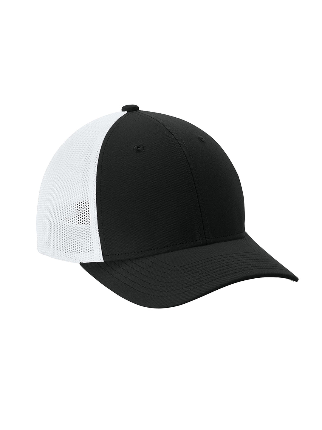 Custom Sport-Tek® Stretch-Tek Mesh Back Cap in black with a white mesh back. Ideal for customization with breathable and stretchable fabric.