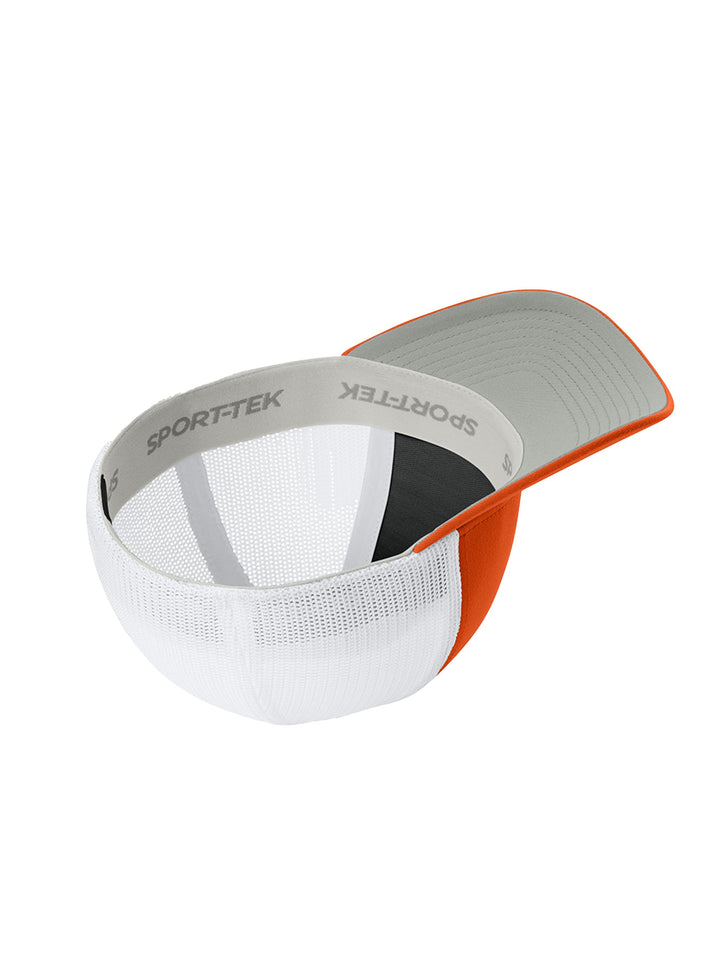 Inside view of the Custom Sport-Tek® Stretch-Tek Mesh Back Cap, highlighting the sweatband and structured design for durability and comfort.