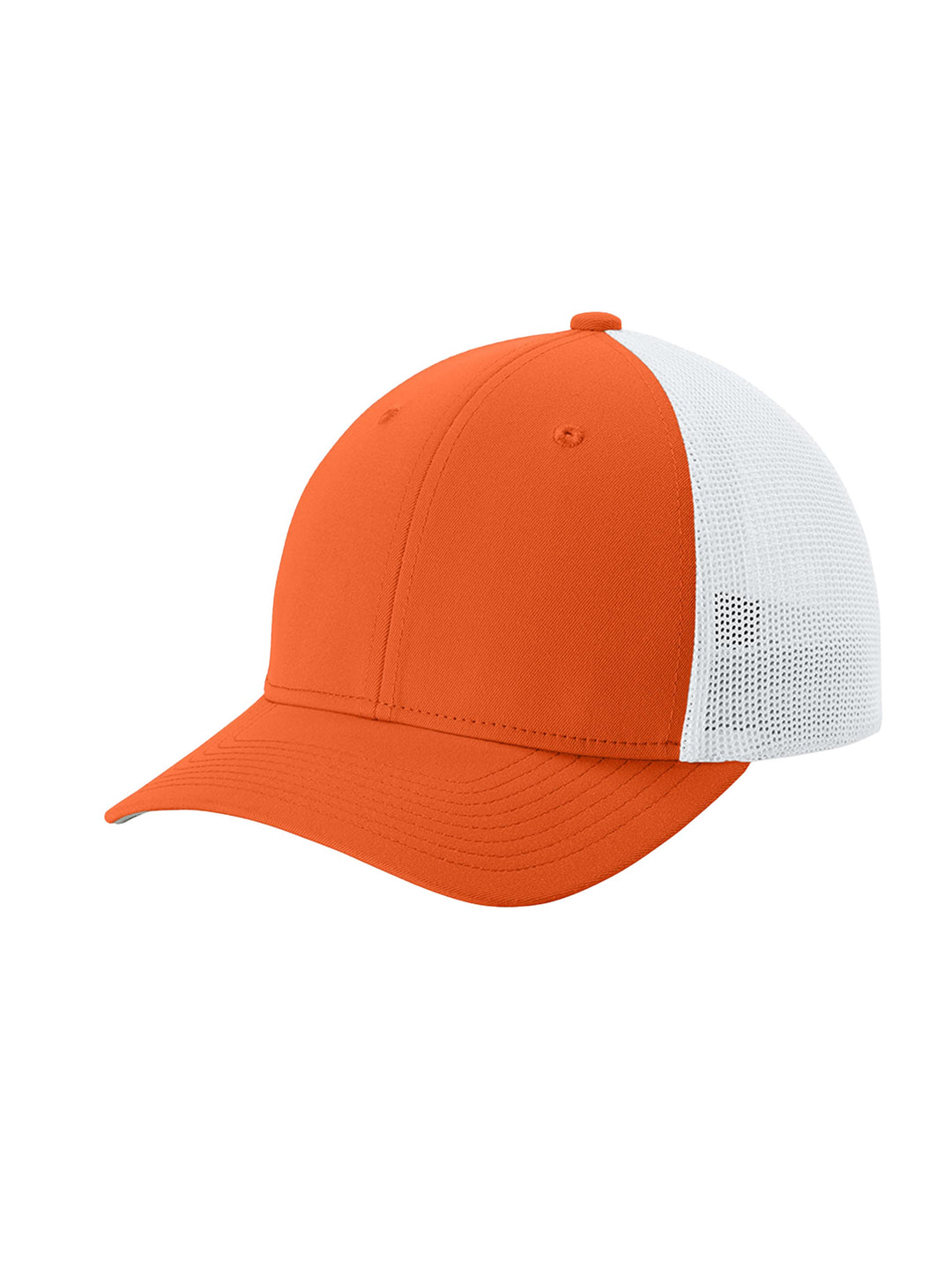 Side view of the Custom Sport-Tek® Stretch-Tek Mesh Back Cap in orange with a white mesh back. Stretch fabric ensures a snug and comfortable fit.