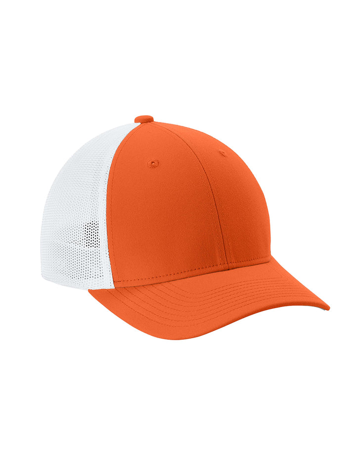 Custom Sport-Tek® Stretch-Tek Mesh Back Cap in orange with a white mesh back. Breathable, fitted design for comfort and style, ideal for customization.