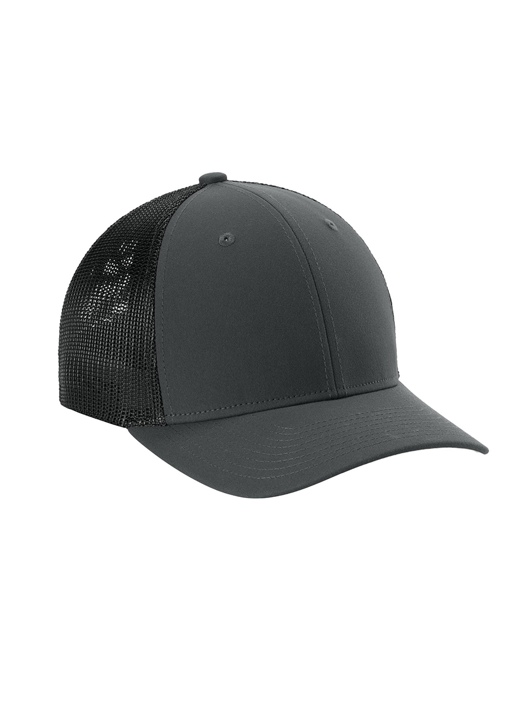 Custom Sport-Tek® Stretch-Tek Mesh Back Cap in dark gray with a black mesh back. Fitted design with breathable mesh for all-day comfort.