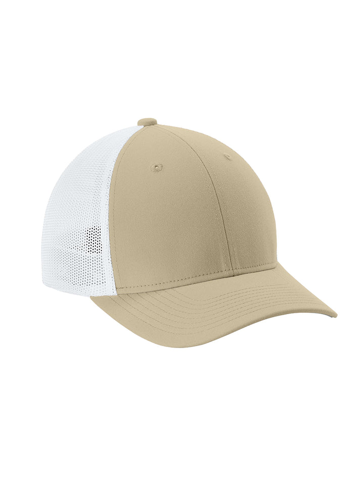 Custom Sport-Tek® Stretch-Tek Mesh Back Cap in khaki with a white mesh back. Breathable and stretchable for a comfortable and stylish look.