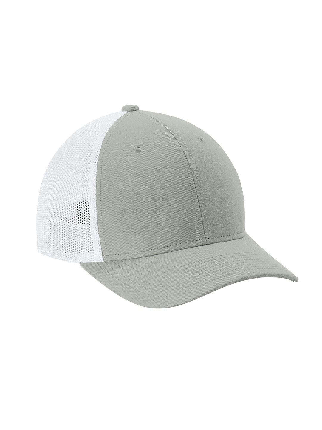 Custom Sport-Tek® Stretch-Tek Mesh Back Cap in light gray with a white mesh back. Fitted, breathable, and stretchable for all-day wear.