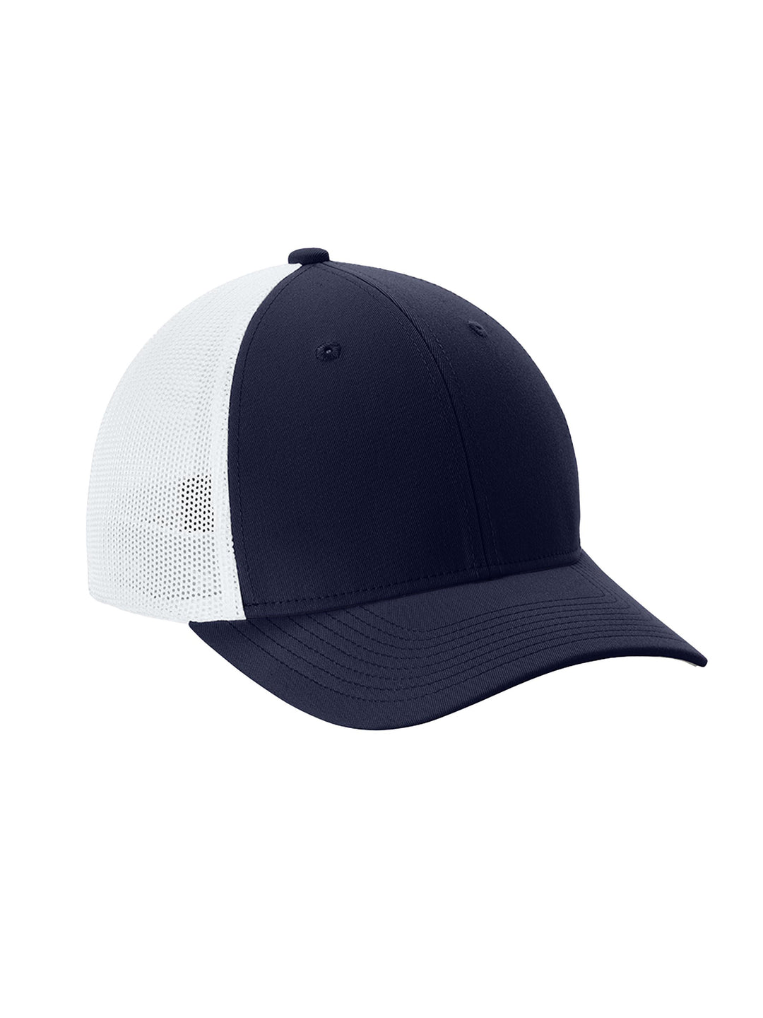 Custom Sport-Tek® Stretch-Tek Mesh Back Cap in navy with a white mesh back. Fitted, breathable, and stretchable for a comfortable fit.