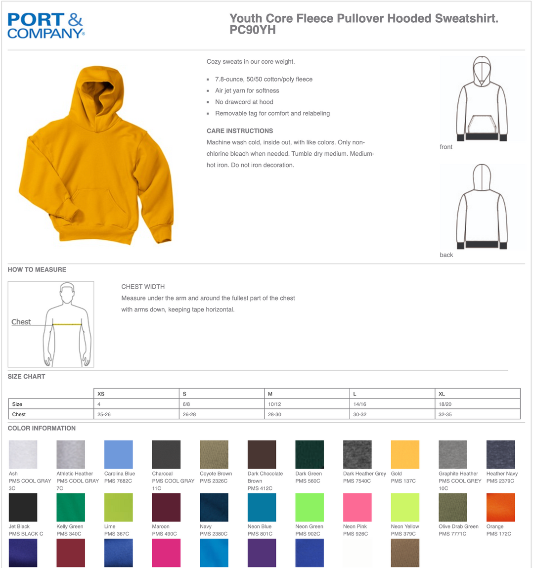 Youth core fleece hoodie size chart and colors