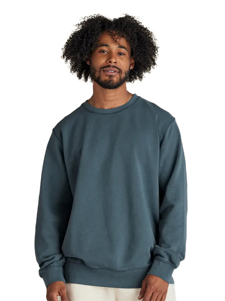 Deep teal Original Favorites French Terry Crewneck worn by a model, featuring a heavyweight organic cotton fabric for premium comfort.