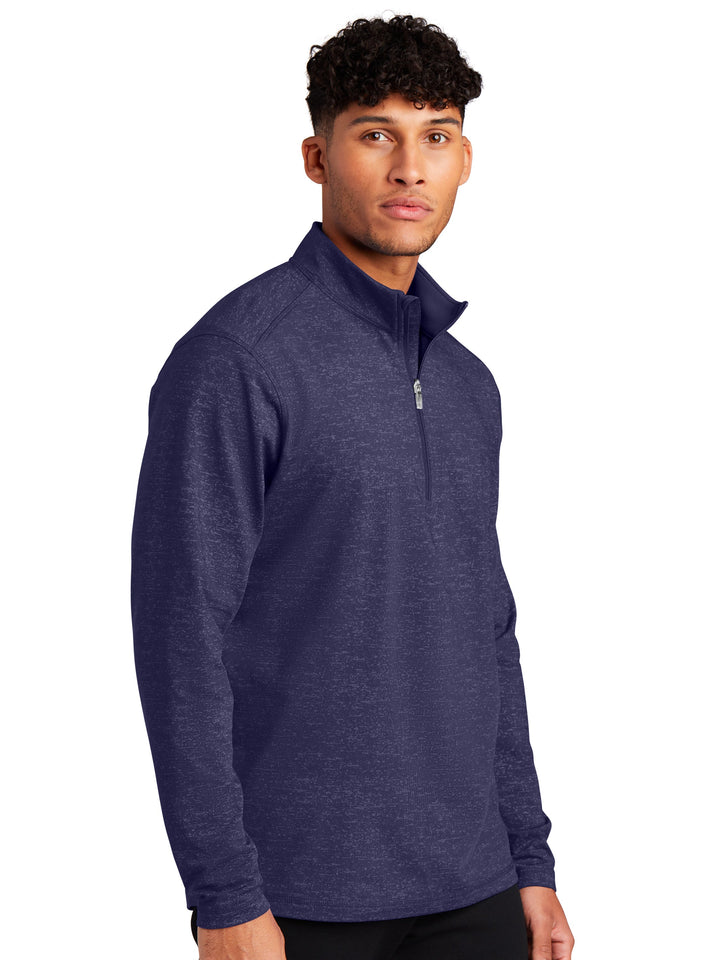 Side view of the Sport-Tek Sport-Wick Stretch Reflective Heather 1/2 Zip Pullover in navy, showcasing its sleek design and breathable material.