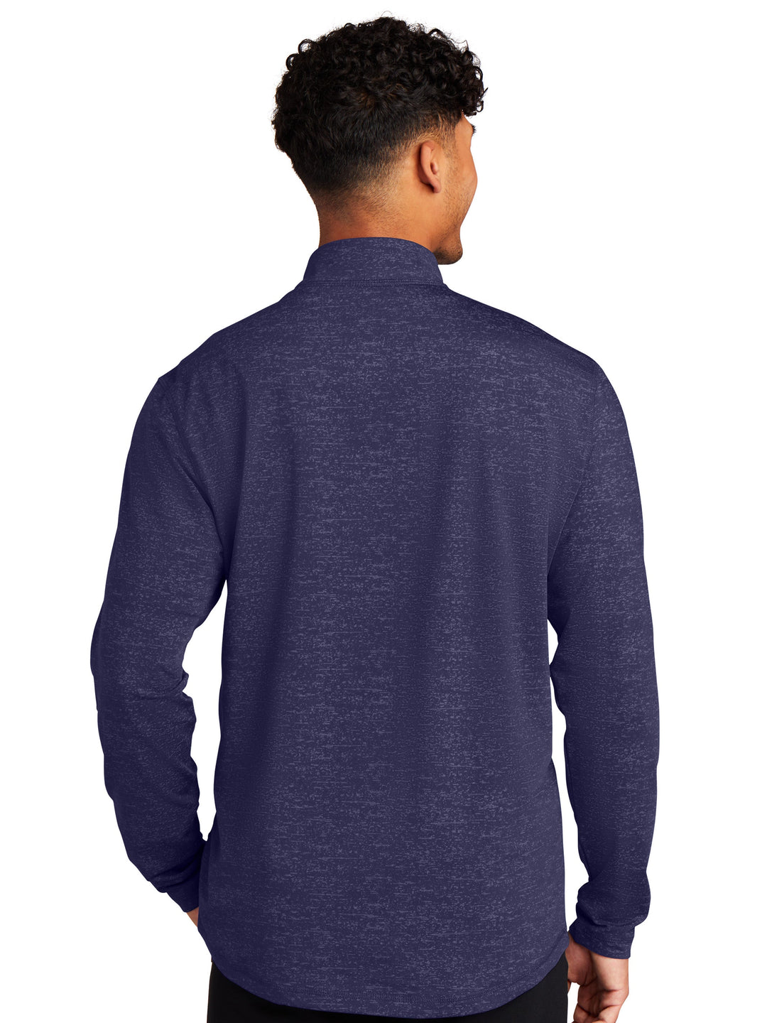 Back view of the Sport-Tek Sport-Wick Stretch Reflective Heather 1/2 Zip Pullover in navy, highlighting its smooth finish and comfortable fit.