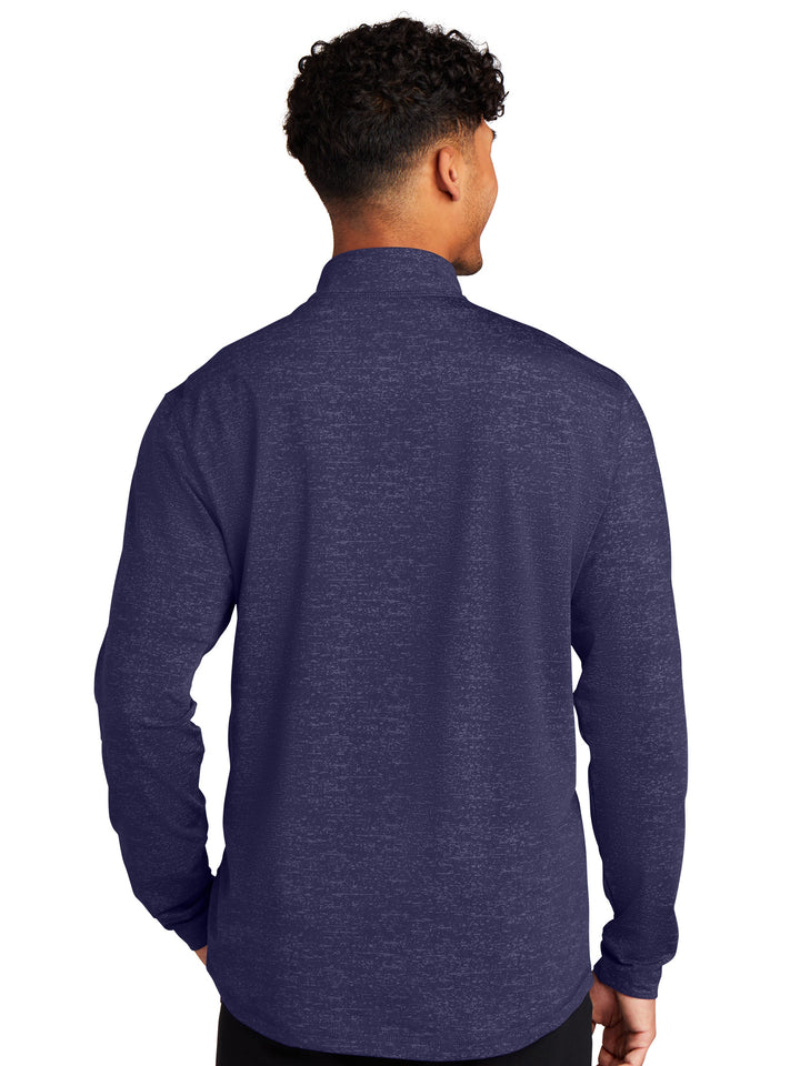 Back view of the Sport-Tek Sport-Wick Stretch Reflective Heather 1/2 Zip Pullover in navy, highlighting its smooth finish and comfortable fit.