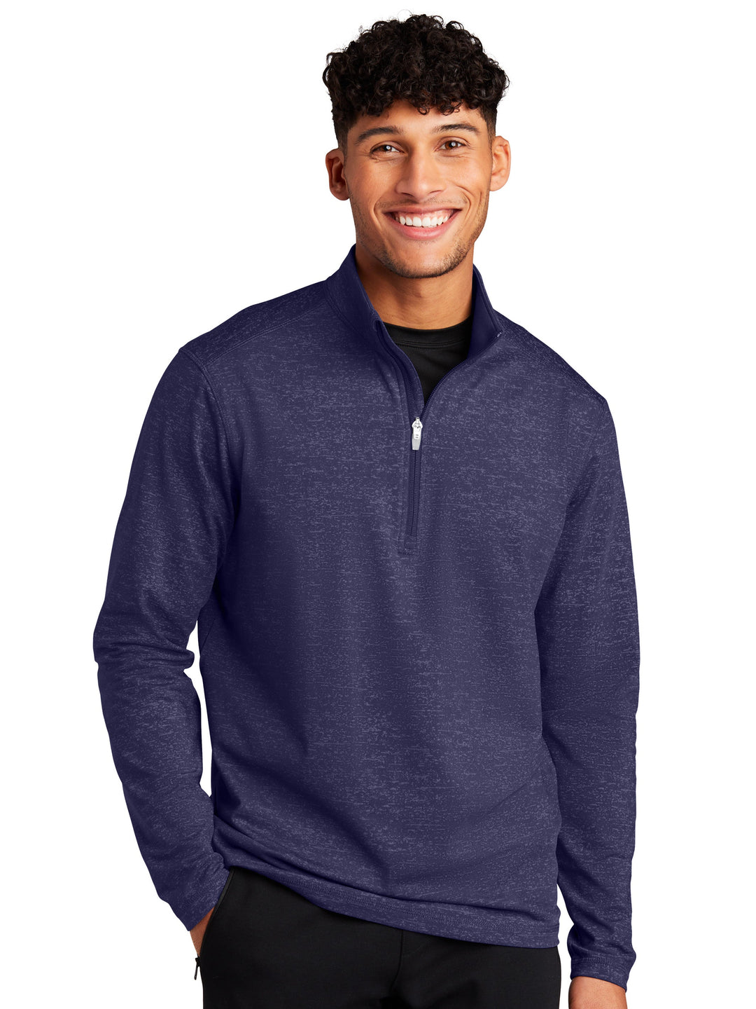 Sport-Tek Sport-Wick Stretch Reflective Heather 1/2 Zip Pullover in navy, featuring moisture-wicking fabric and a stylish athletic fit.