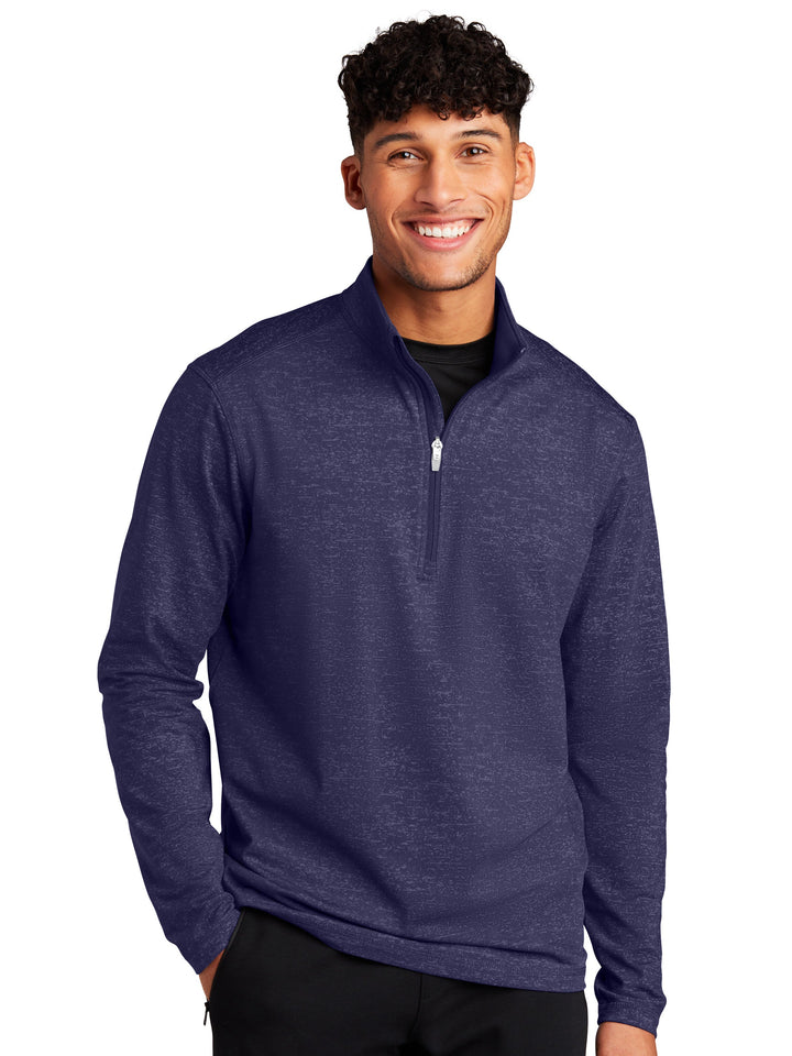 Sport-Tek Sport-Wick Stretch Reflective Heather 1/2 Zip Pullover in navy, featuring moisture-wicking fabric and a stylish athletic fit.