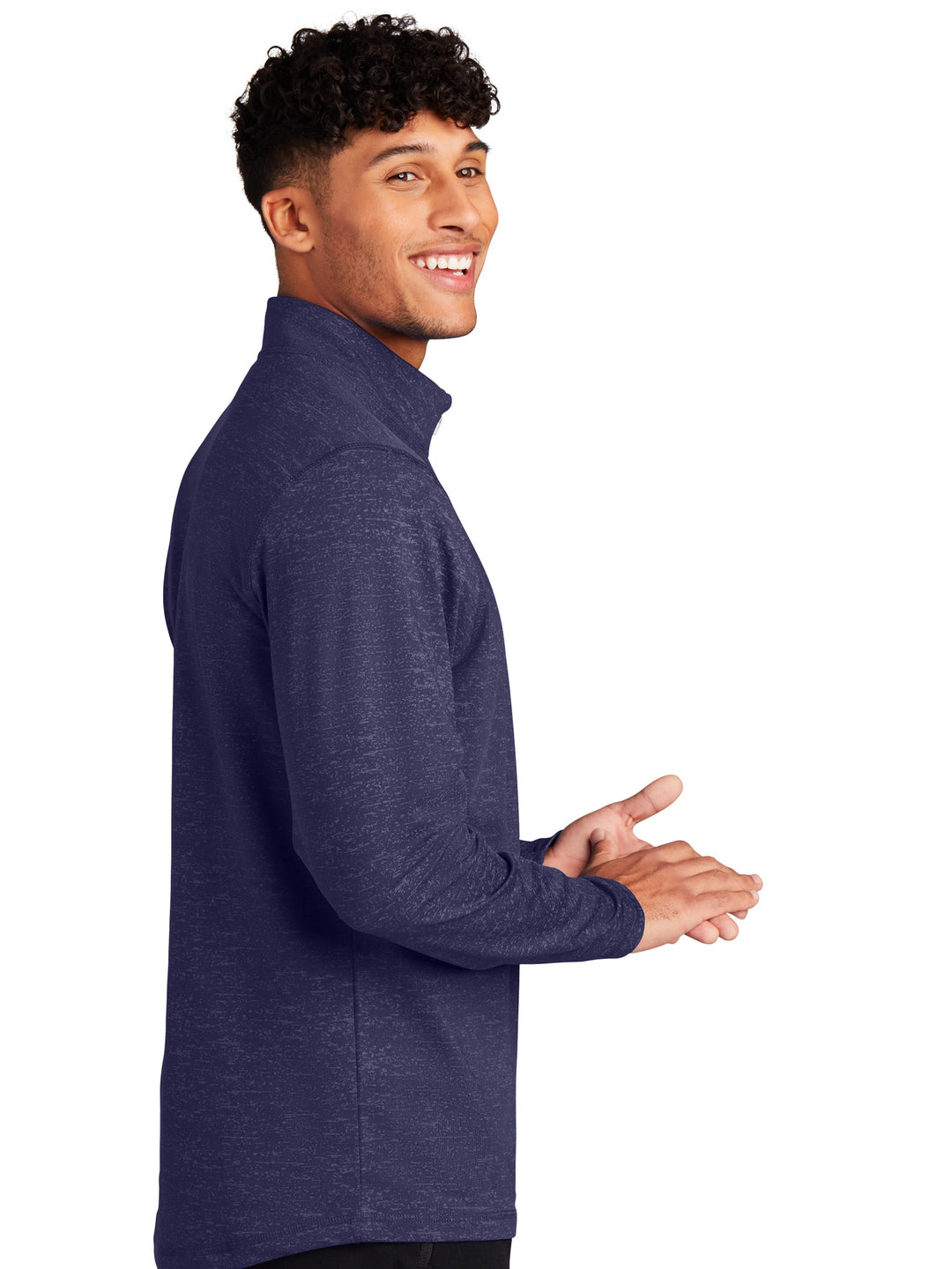 Sport-Tek Sport-Wick Stretch Reflective Heather 1/2 Zip Pullover in navy, shown from a side angle with a relaxed fit and soft fabric.
