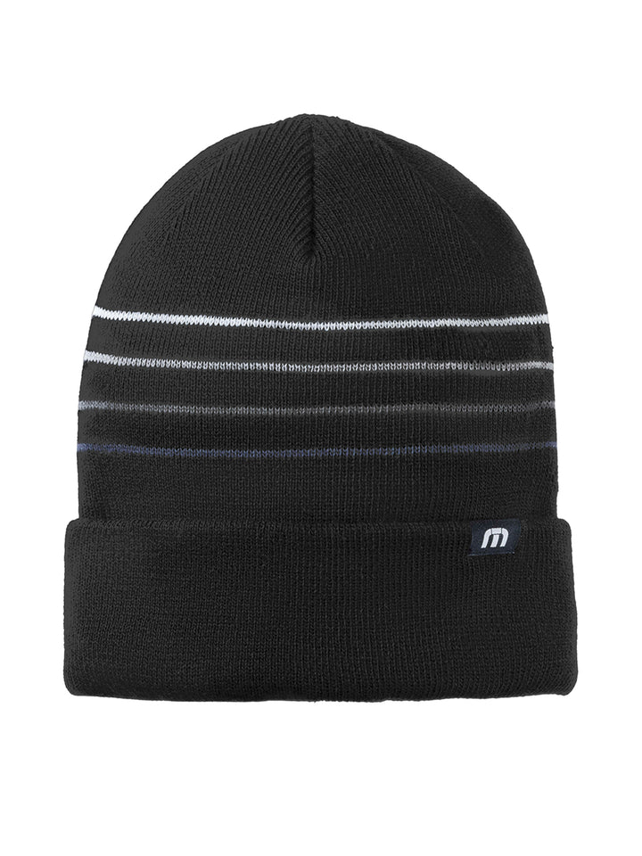 TravisMathew Striped Beanie in black with a cuffed design and subtle stripe pattern. Premium knit fabric for warmth and customizable embroidery options.