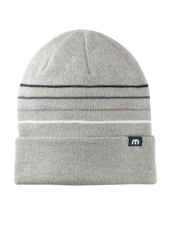 TravisMathew Striped Beanie in light gray featuring a cuffed design and modern stripe pattern. Soft knit fabric for comfort and custom branding potential.