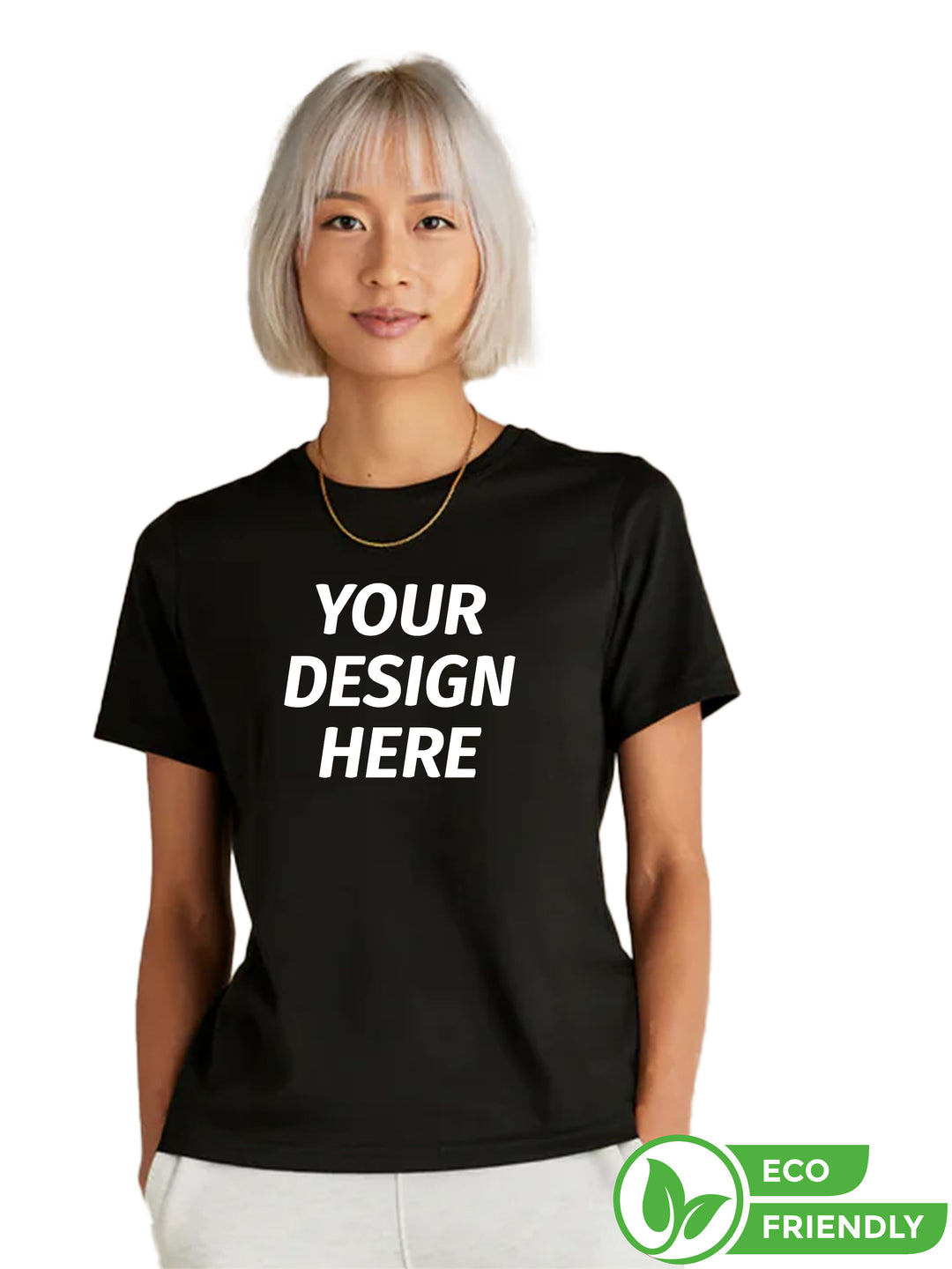 Custom Original Favorites Women’s Supima Cotton T-Shirt in black with 'Your Design Here' text. Eco-friendly, soft, and durable for personalized printing.