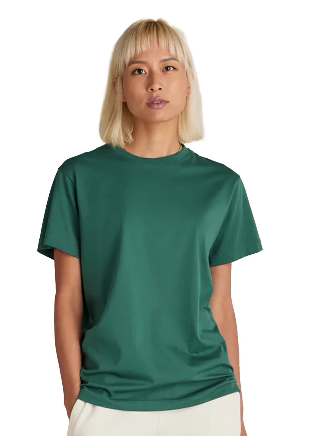 Green Original Favorites Supima Cotton T-Shirt worn by a female model. Soft, breathable, and eco-friendly premium cotton fabric.