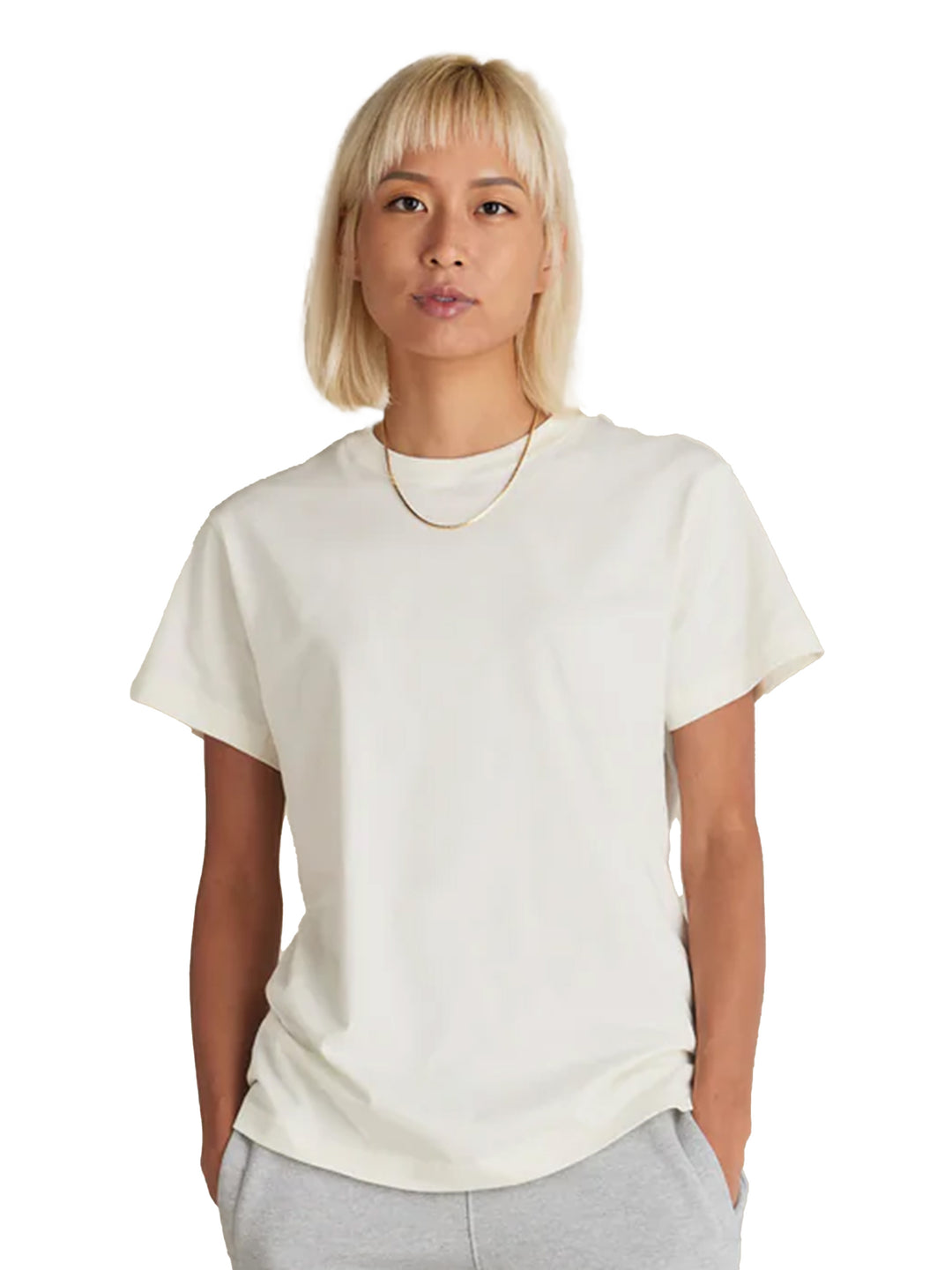 Off-white Original Favorites Supima Cotton T-Shirt styled with gray sweatpants. Comfortable, high-quality, and perfect for casual wear.