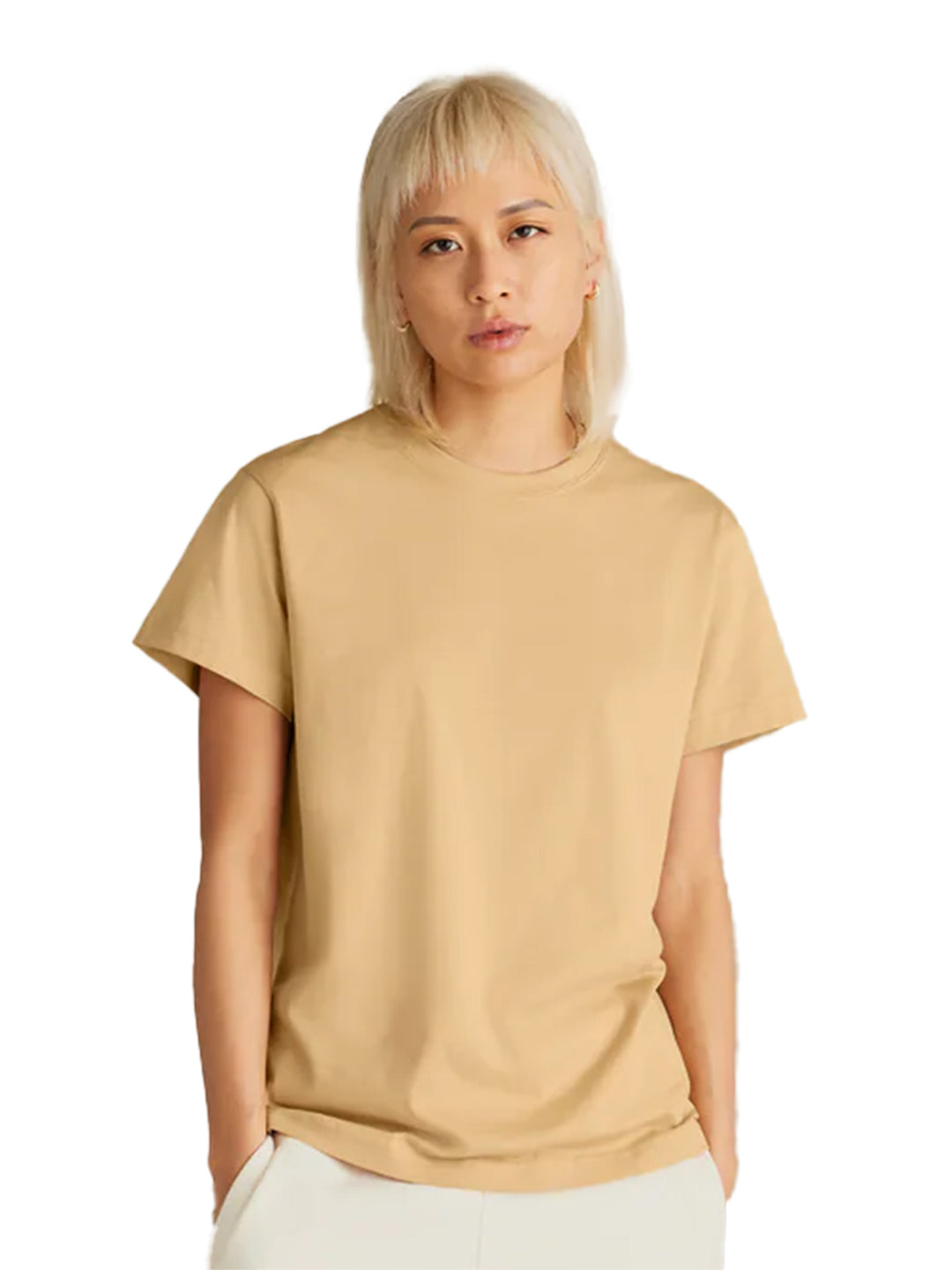 Beige Original Favorites Supima Cotton T-Shirt worn by a female model. Soft, eco-friendly, and made from premium Supima cotton.