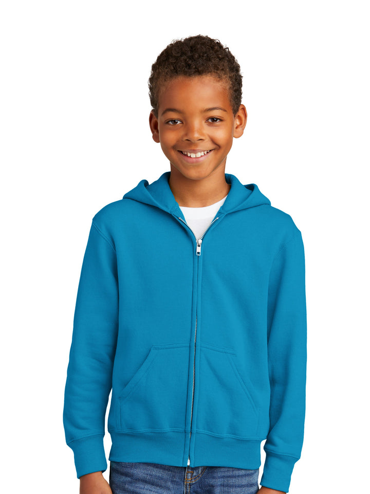 Youth wearing blue Port and Company fleece zip up hoodie