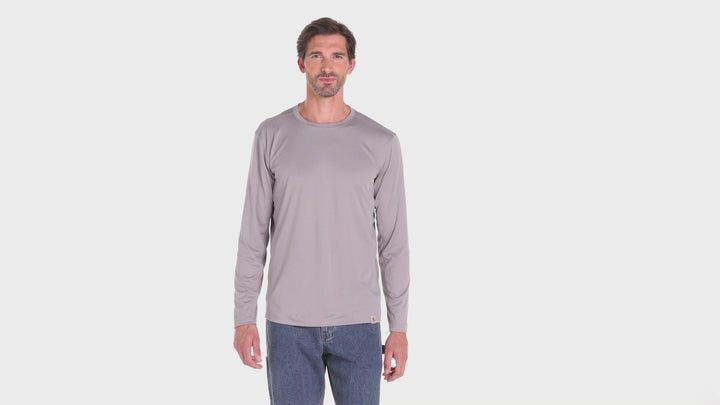 Video of gray Custom Carhartt Force Sun Defender Long Sleeve T-Shirt on model, highlighting breathable fabric and professional fit.