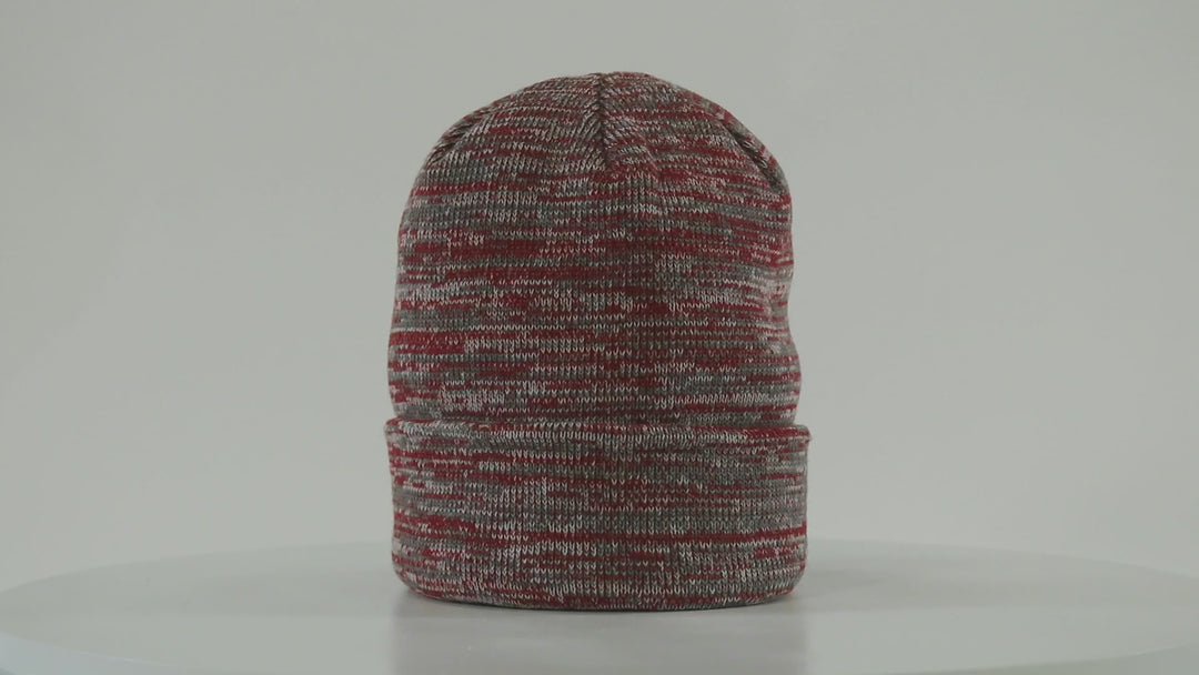 Folded cuff Richardson Marbled Beanie in red and gray. Offers warmth, style, and custom embroidery options with no minimums and free shipping.